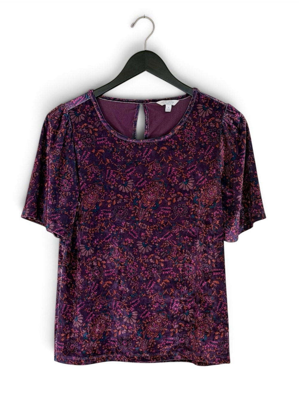 Lucky Brand Printed Velvet Short Sleeve Top Berry Multi Purple Size S